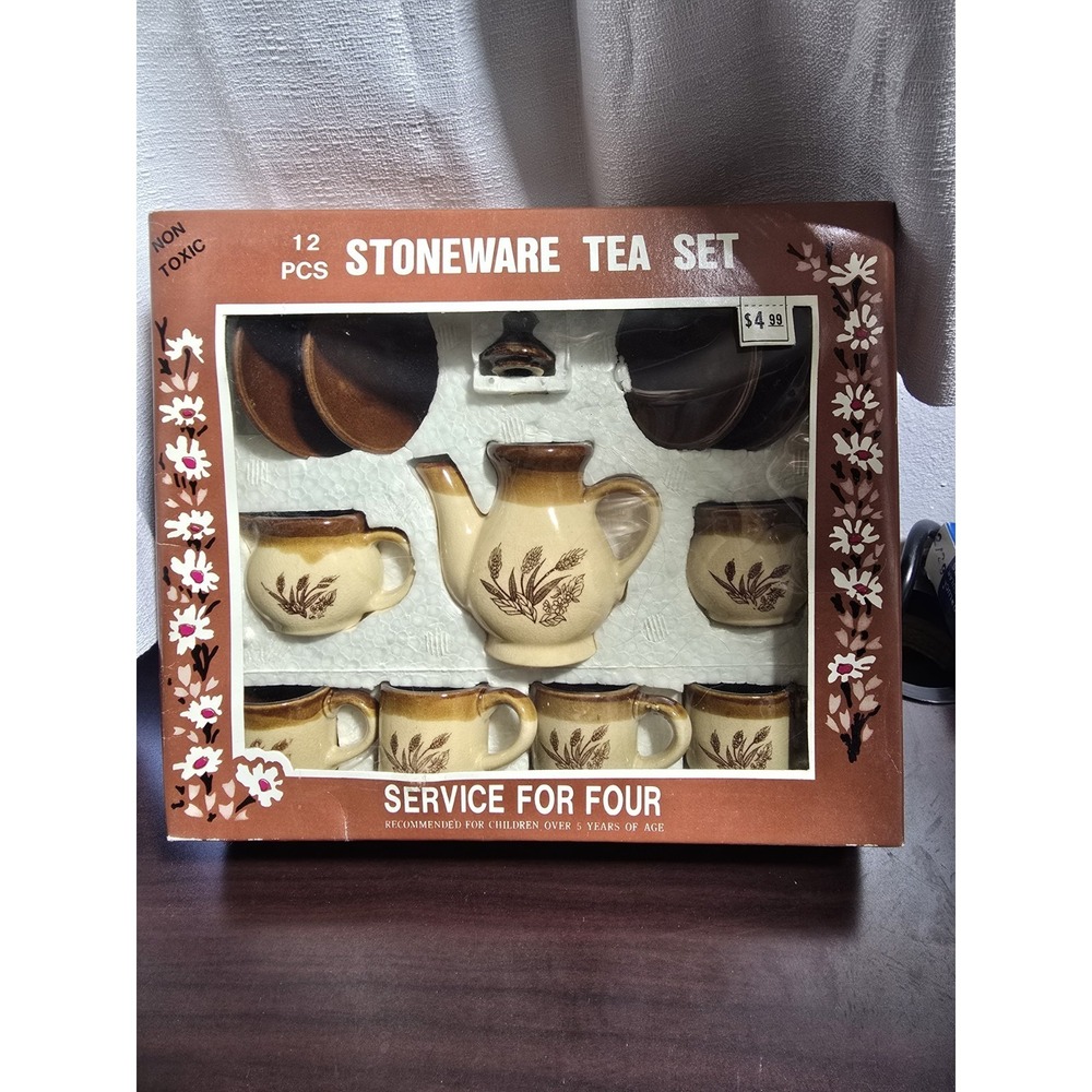 12 Piece Vintage Stoneware Mini Tea Set Wheat & Floral Pattern NIB Antique Toy